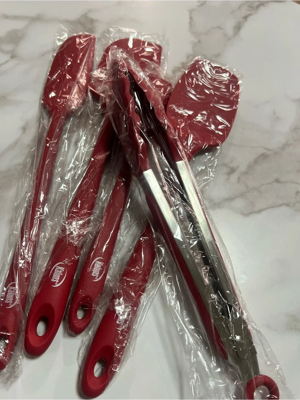 Red Silicone Kitchen Utensil Set with Tongs